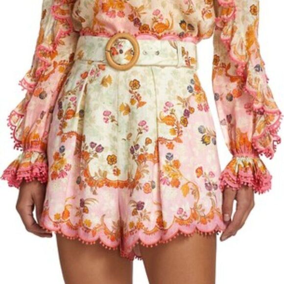 Zimmermann Pants - Zimmermann Laurel Pink White Linen Scalloped Floral Shorts Belt Size AU 3 US 10